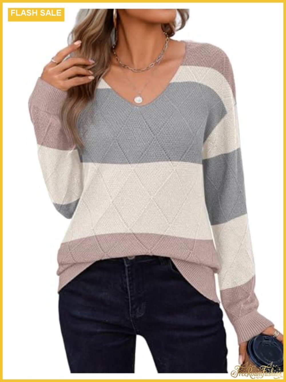Women's Lightweight Crochet Knit V-Neck Pullover Sweater Long Sleeve